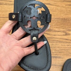 Tory Burch Black Leather Logo Thong Sandal with Gold Studs